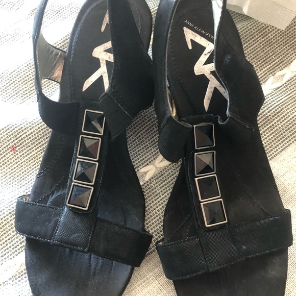 Anne Klein Black Jeweled Wedge Sandals - Picture 2 of 6